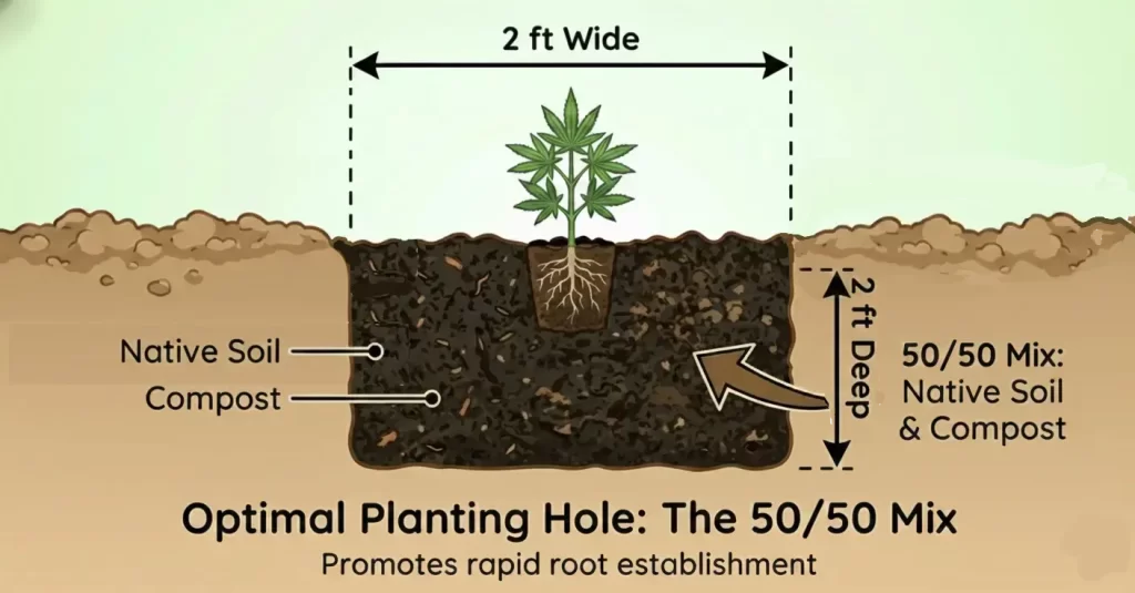 An instructional diagram of a 2-foot wide by 2-foot deep planting hole filled with a 50/50 ratio of native soil and compost to promote rapid root establishment for a new plant.