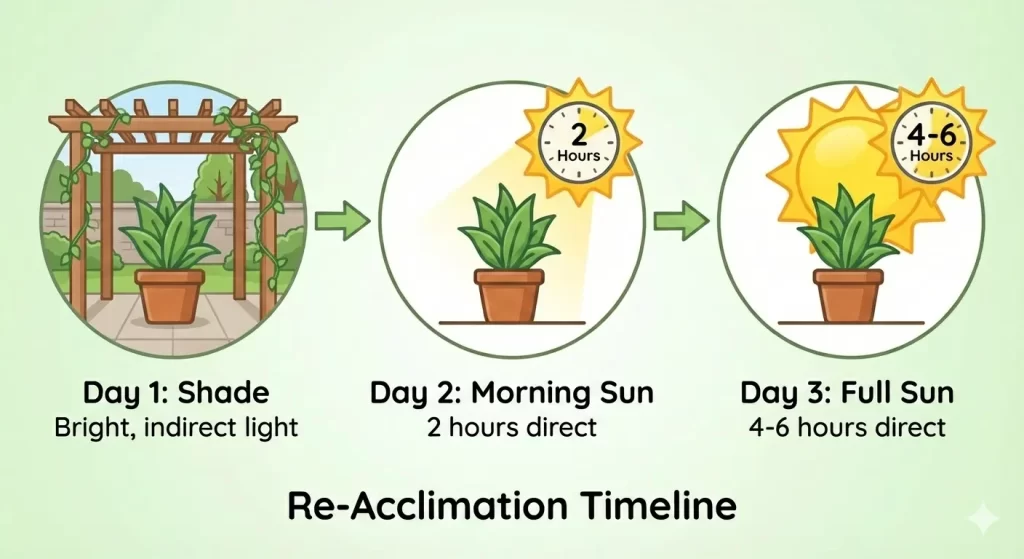 A 3-Step infographic showing a plant's re-acclimation timeline: Day 1 in bright indirect shade, Day 2 with 2 hours of morning sun, and Day 3 with 4 to 6 hours of full sun direct light.