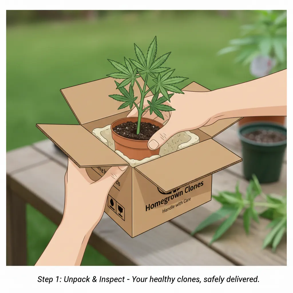 POV shot of a hand gently removing a healthy cannabis clone in a 3-inch pot from a Homegrown Clones shipping box, showing secure protective packaging.