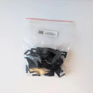Pack of 20 black 3D printed 90-degree low stress training clips for plant canopy management in a clear bag.
